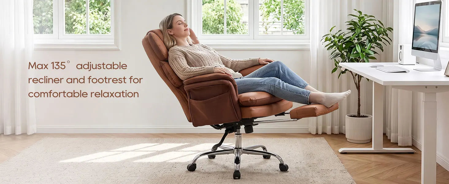 TCGBKAF Big and Tall Office Chair Executive Chair Brown PU Leather Criss Cross Chair with Adjustable Backrest and Flip Armrests, Ergonomic Computer Desk Chair with Footrest for Home &Office