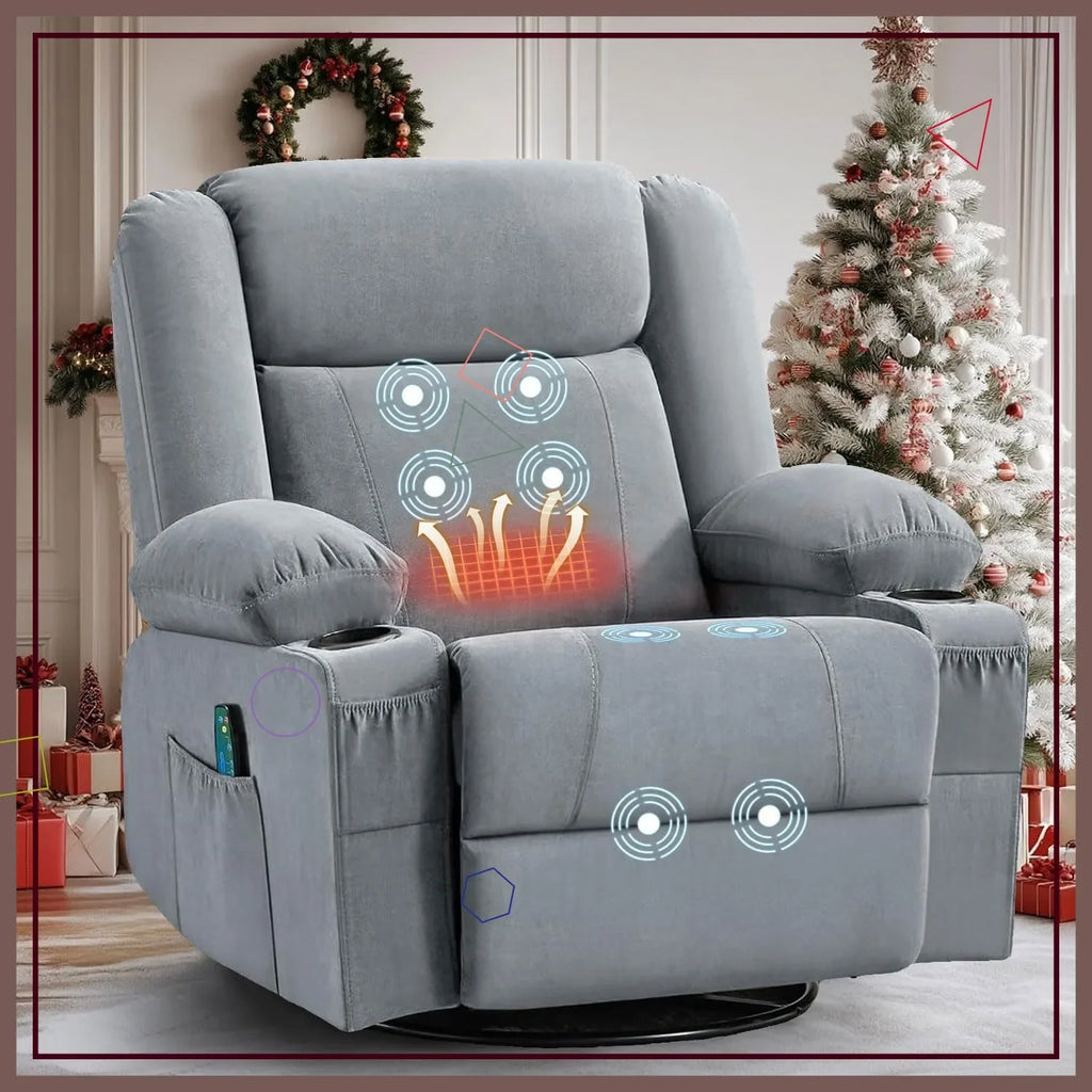 Swivel Recliner Chair with Vibration Massage & Lumbar Heat, Ergonomic Rocking Chair with Cup Holders for Living Room