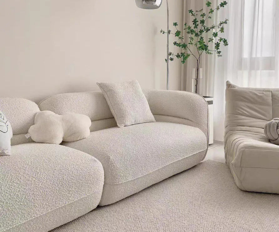 Lamb wool three-person straight sofa Nordic cream style beige fabric sofa curved living room apartment Bobo ball