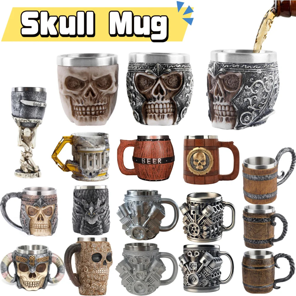 Beer Mug Stainless Steel Skull Mug Double Wall Drinking Mug Metal Insulated Gothic Design Coffee Beer Tankard Mug Halloween Gift