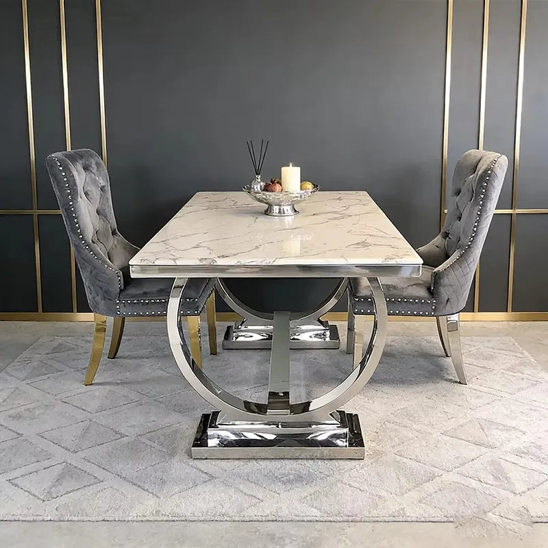 # Factory Wholesale Solid Marble Dining Table with Silver Circle Decorations