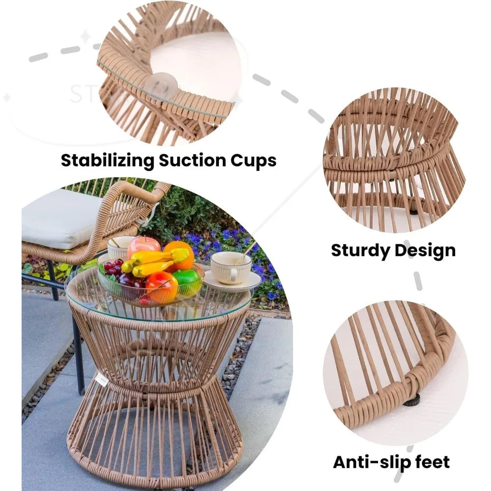 Boho Style Patio Set for Small Spaces，3 Piece Rattan Patio Bistro Set,Outdoor Wicker Furniture with 2 Chairs and Glass Top Table