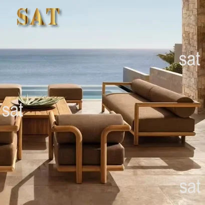 #New Design Round Leg Teak Wood Eco-Friendly Outdoor Sofa and Chairs Set with Thick Cushions for Garden/Courtyard/Park