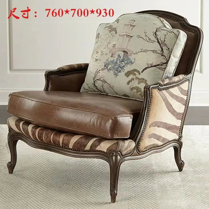 #American single sofa chair, solid wood top layer cowhide microfiber lounge chair, vintage carved negotiation chair, large apart