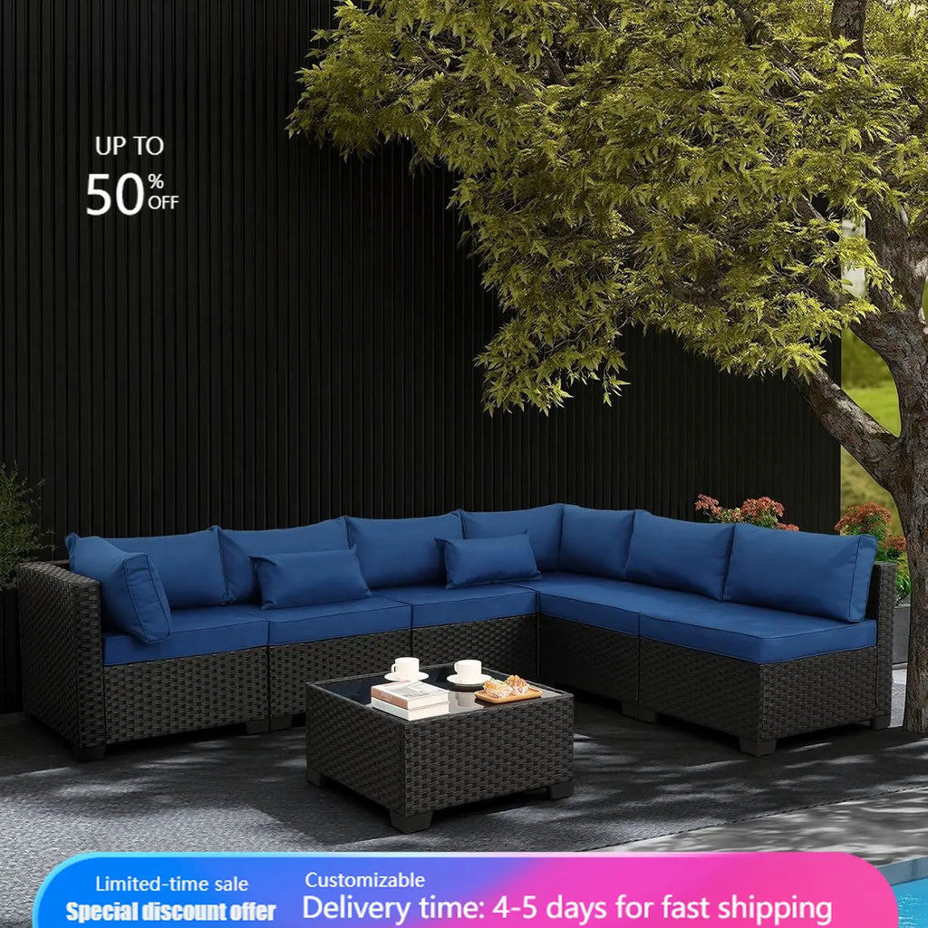 7 Pieces Outdoor PE Wicker Furniture Set Patio Rattan Sectional Conversation Sofa Set with Navy Blue Cushions and Glass Top