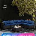 7 Pieces Outdoor PE Wicker Furniture Set Patio Rattan Sectional Conversation Sofa Set with Navy Blue Cushions and Glass Top