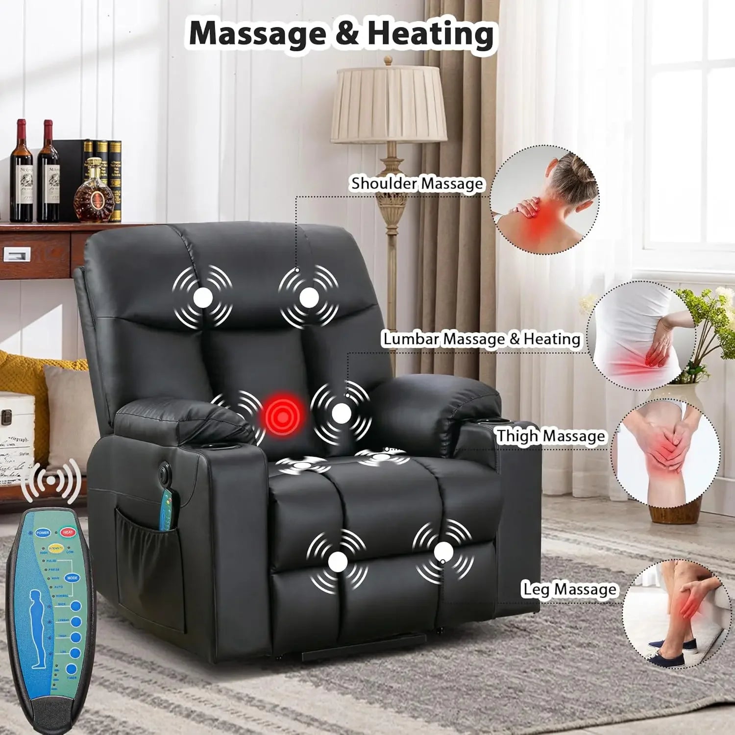 Extra Wide Lift Chair Heat Massage Power Recliner for Elderly 2 Cup Holders