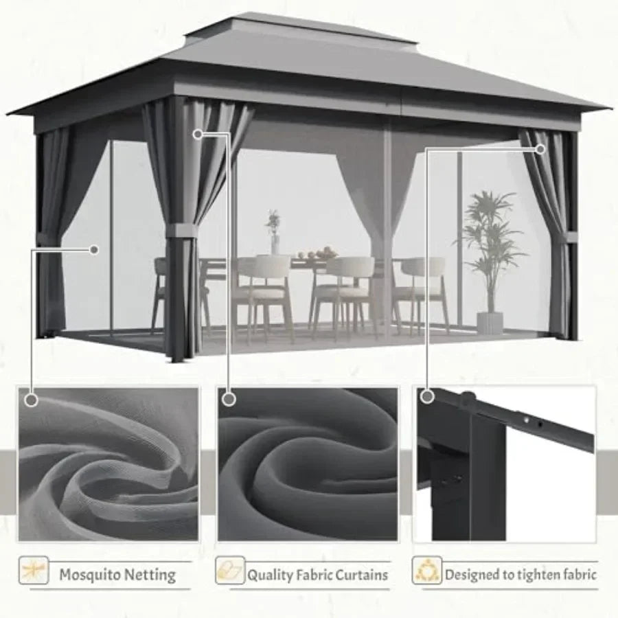 Outdoor Gazebo for Patio 10'x 13' Heavy Duty Metal Fe  with Expansion Bolts Double Roofs Party Tent Shelter with Mosquito Netti
