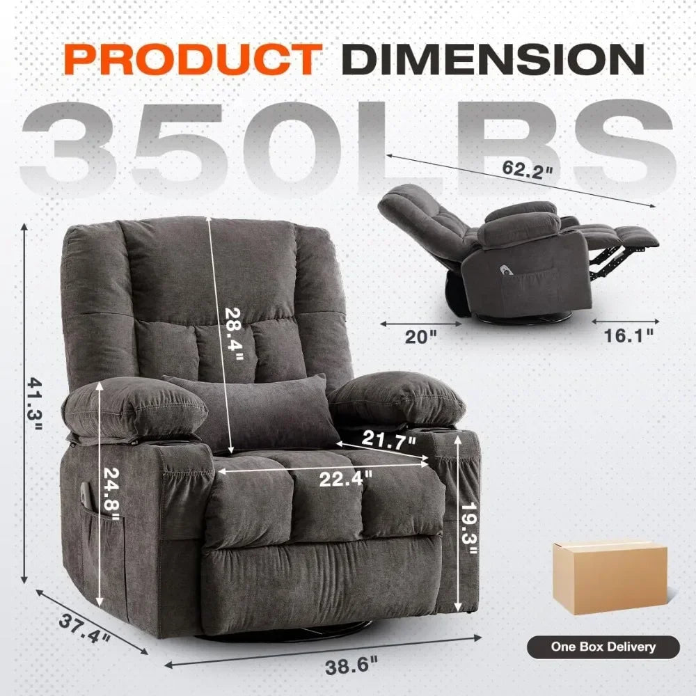 Swivel Recliner Chair with Massage & Heat, Oversized Rocking Chair for Living Room, USB Port, Cup Holders
