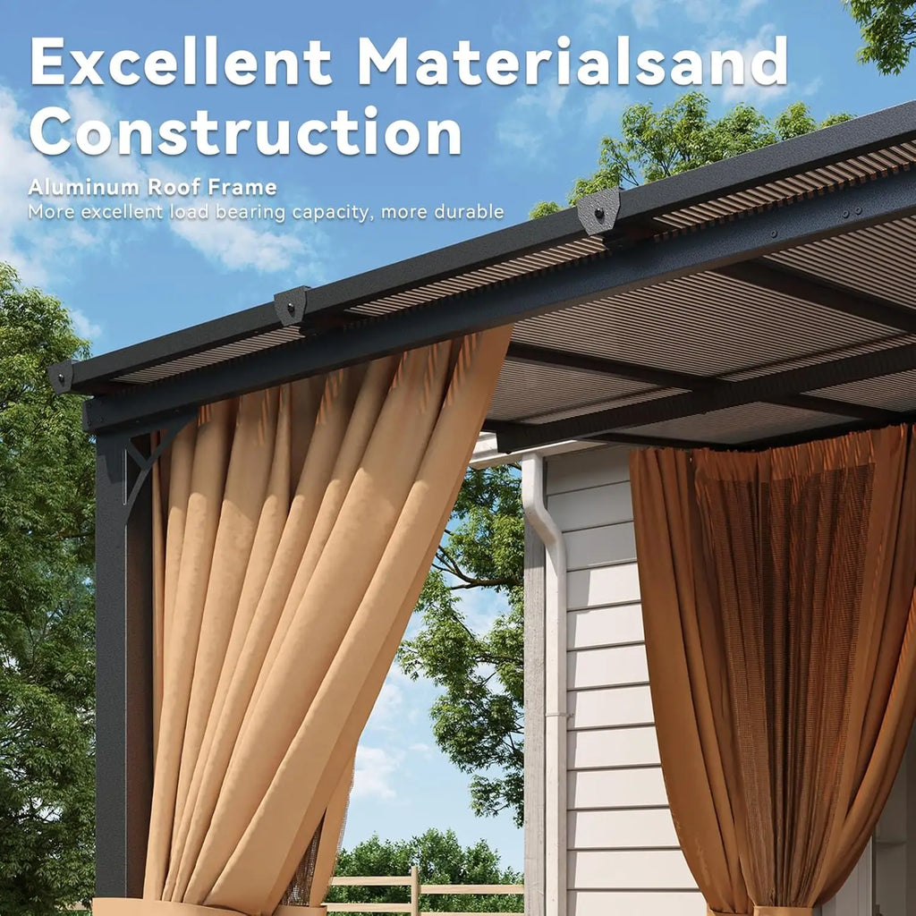 10x12ft Aluminum Lean-to Gazebo, Mosquito Net, Curtains & Polycarbonate Panel for Patio, Custom