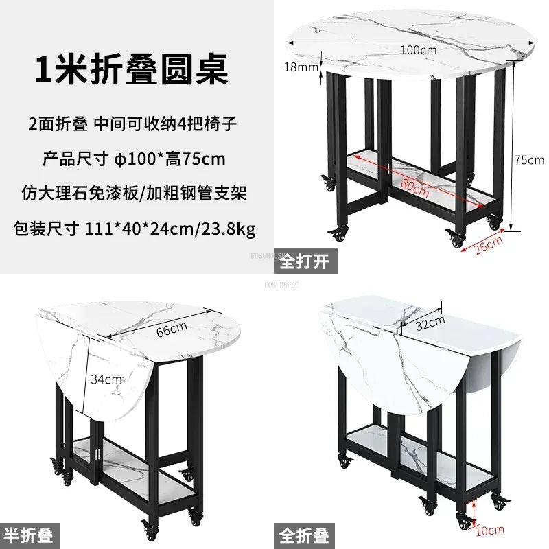 Home Folding Dining Table Set with Chairs Mobile Round Furniture Modern Kitchen Living Room Light Luxury Simple Portable