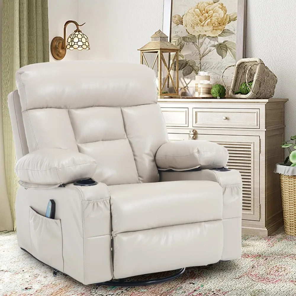 Swivel Rocker Recliner with Heat and Massage, Heated Massaging Reclining Chair with Cup Holders, Faux Leather, Customized
