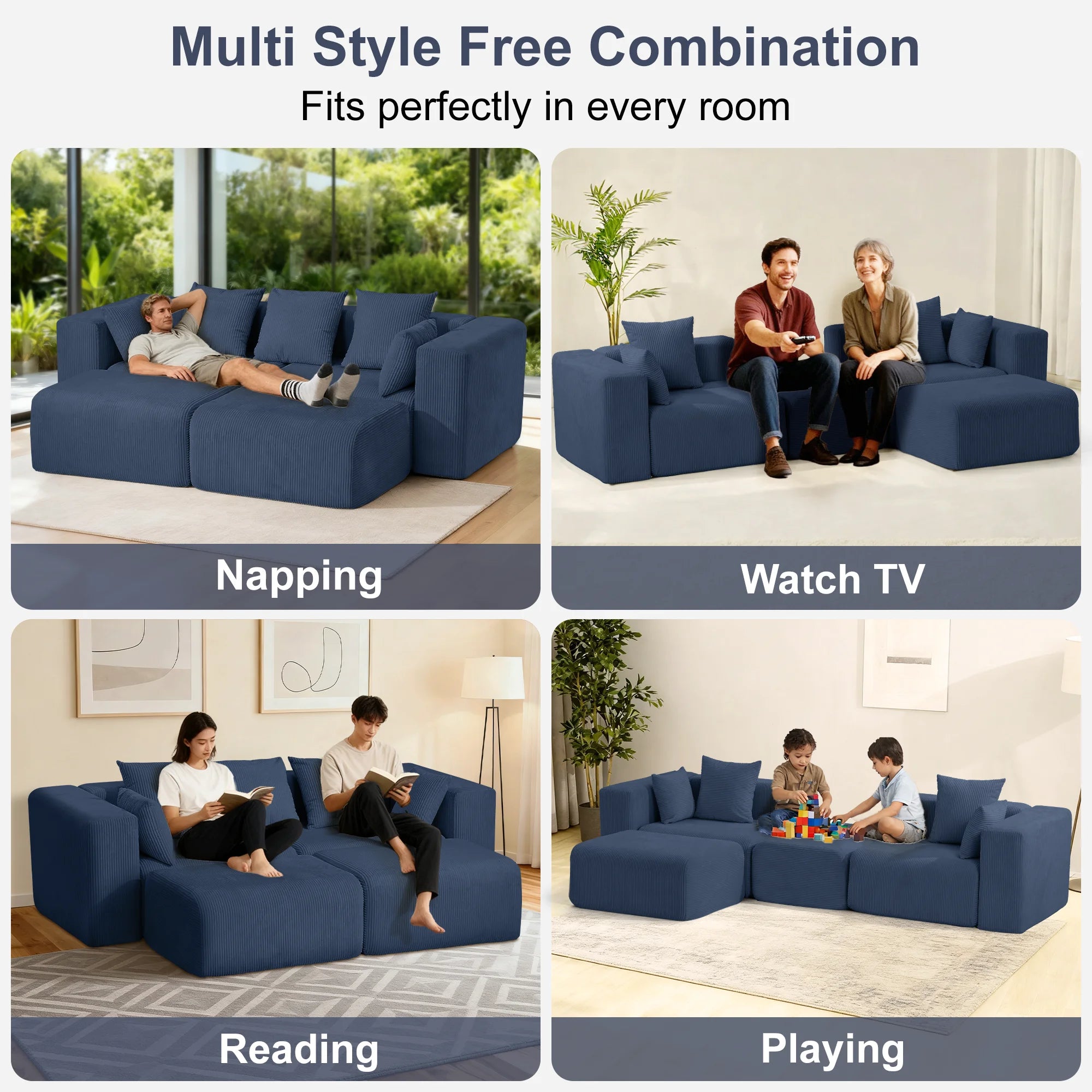117" Corduroy Boneless Couches, Modular Sectional Sofa, Loveseat Comfy Cloud-Like Couches with 3 Pillows, Deep Seat for Living Room, Compact for Small Spaces