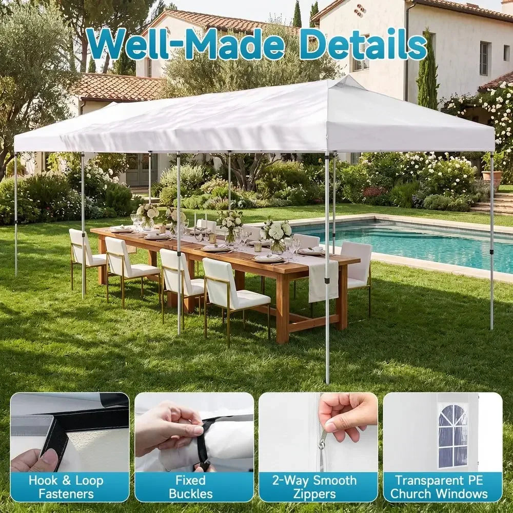 10x30 FT Pop Up Canopy with Center Lock, Outdoor Tent with 8 Sidewalls, Rollup Door, 4 Sandbags, 17 Stakes, 8 Wind Ropes, Carry