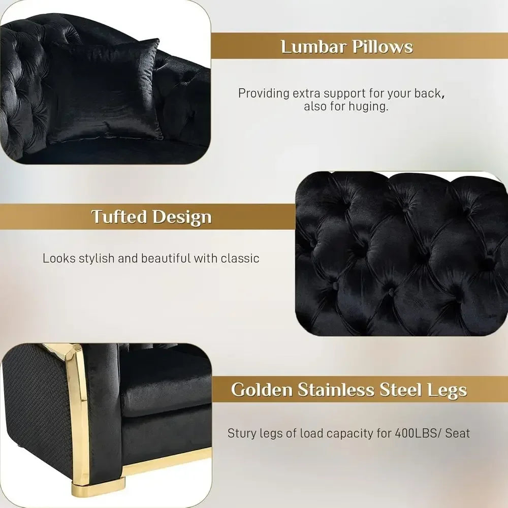 Luxurious 84 Velvet Black Sofa with Gold Legs, 3-Seat Curved Loveseat for Living Room, Includes 2 Pillows