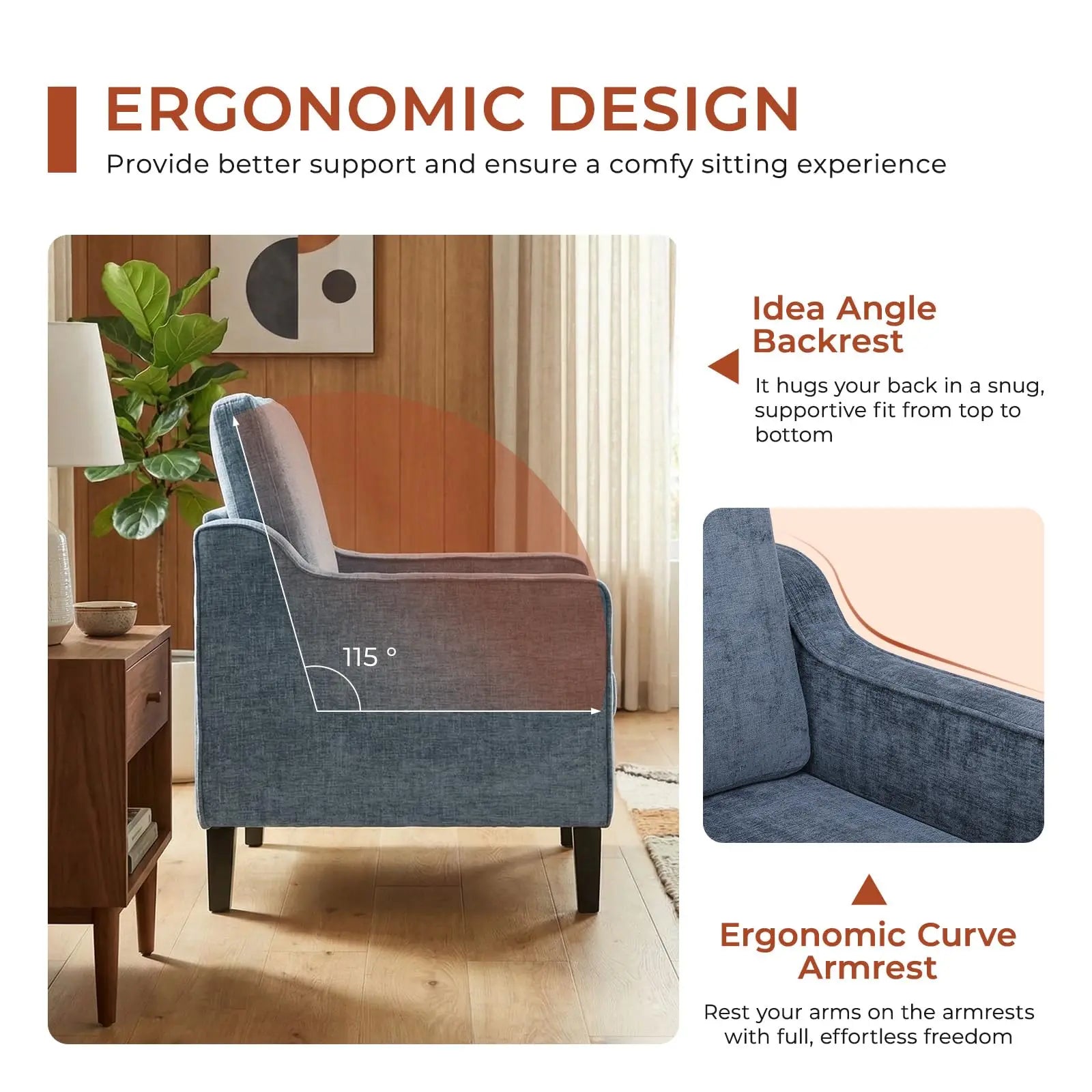 AOOU Accent Chair Mid Century Modern Living Room Upholstered Chenille Armchair Reading Chair, Single Sofa Chair with Removable Cover & Wood Legs for Living Room, Bedroom