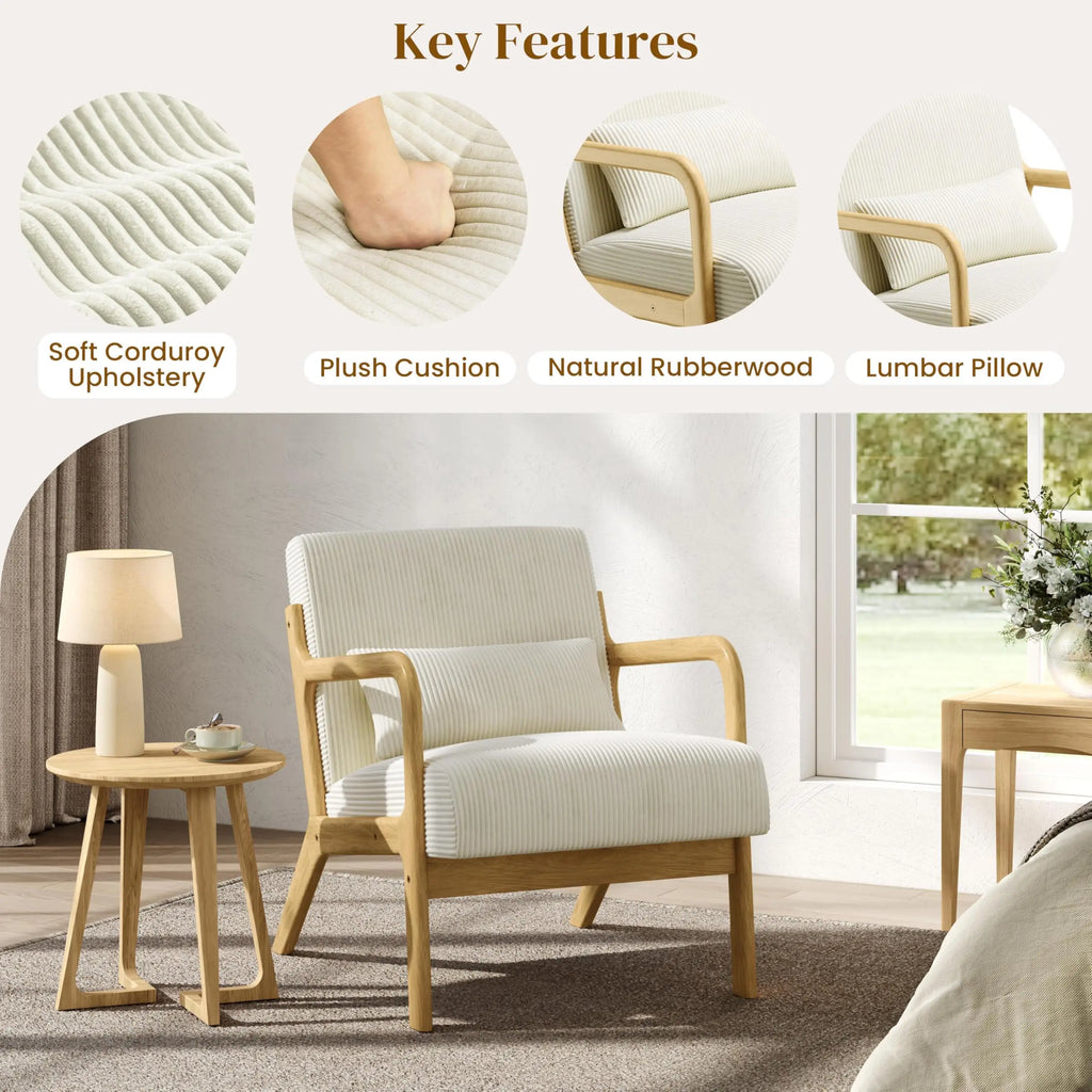 Accent Chair for Living Room, Corduroy Mid Century Modern Reading Armchairs with Lumbar Pillow for Bedroom, Decorative