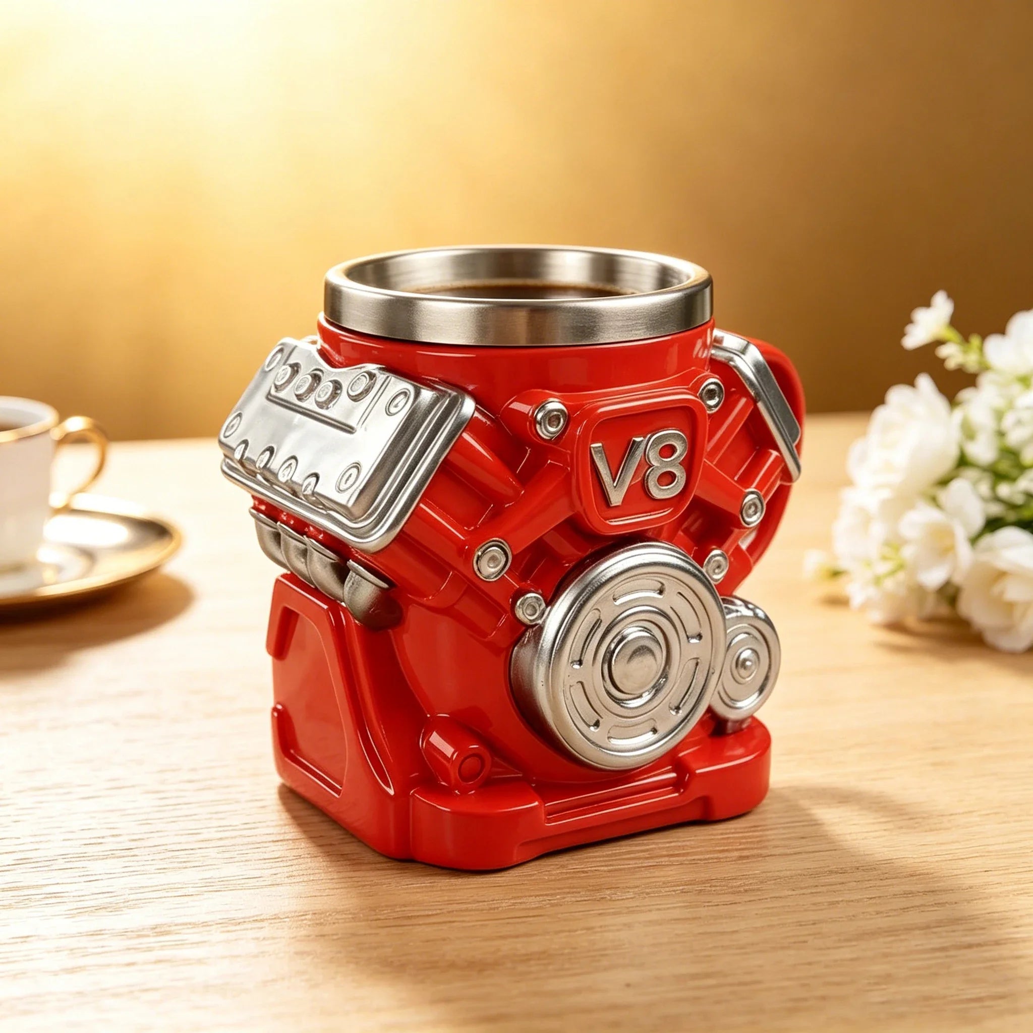 Engine coffee cup/rocket shaped coffee cup set, 304 stainless steel inner liner, durable resin shell, unique V8 car engine cylinder body and retro rocket ship design water cup, multifunctional and fun decorative desktop ornam
