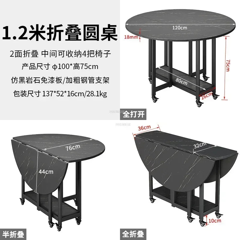 Home Folding Dining Table Set with Chairs Mobile Round Furniture Modern Kitchen Living Room Light Luxury Simple Portable