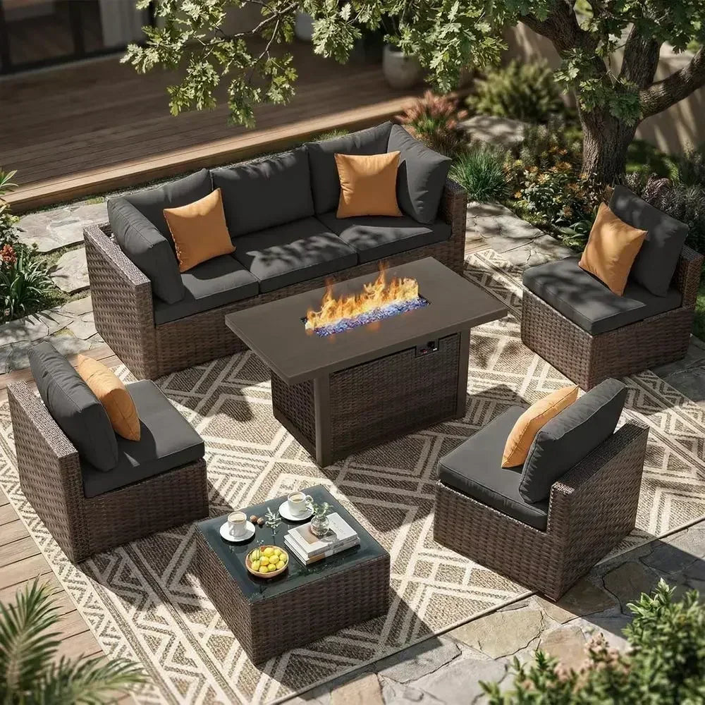 8-Piece Outdoor Patio Sectional Set with 44 Propane Wicker Table, Cushioned for Backyard, Poolside, Garden in Black