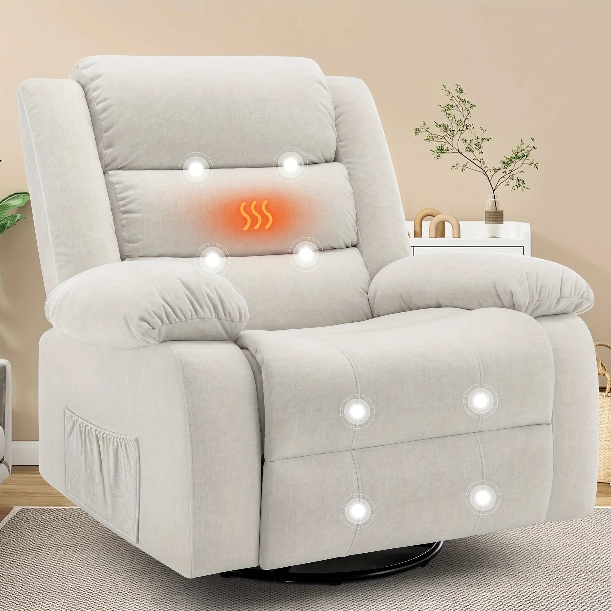 Rocking Chair with Massage And Heating Function, 360° Rotating Extra Large Recliner, Wide Rocking Chair for Adults with Side Poc