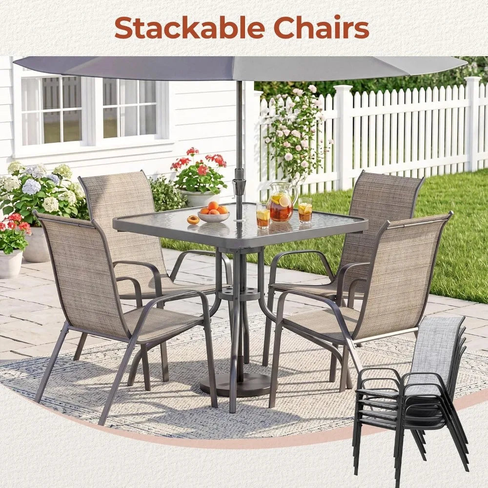 5-Piece Patio Dining Set - Glass Table, Stackable Chairs with Umbrella Hole, Durable for Outdoor Use