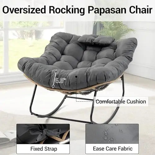 （Local US Inventory）Oversized Upholstered Rocking Chair Wicker Egg Rocker with Thick Cushion and Pillow Modern High Back Armchai