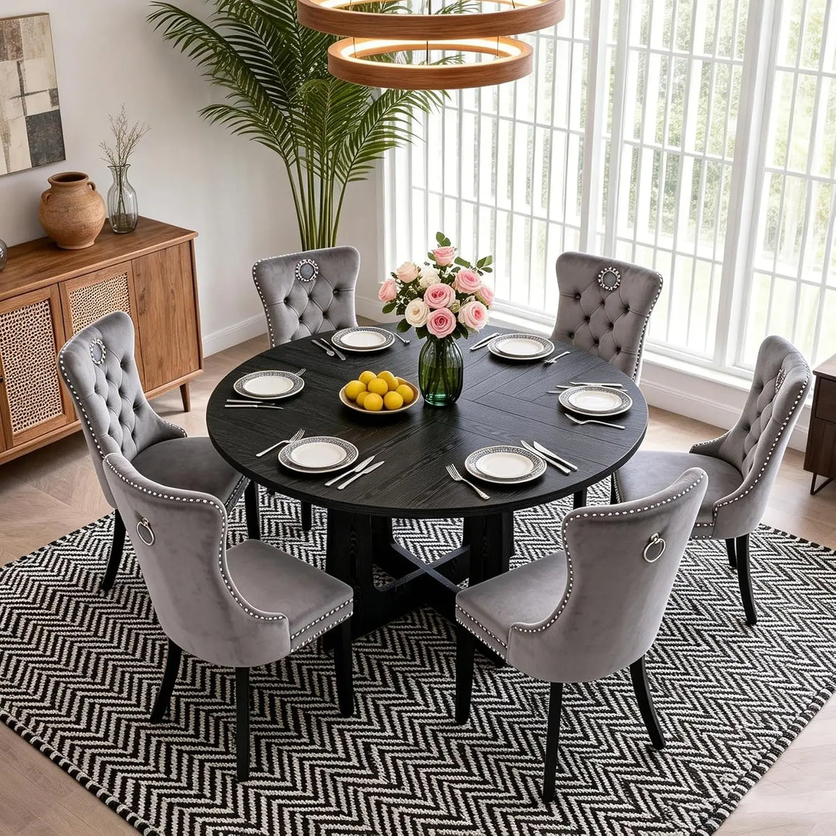 7-Piece Round Dining Table Set for 6, 47" Black Farmhouse Kitchen Table with 6 Gray Velvet Tufted Chairs, Modern Circle, Custom