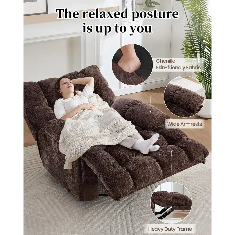 Extra Wide Power Recliner with Swivel, Rocker, and USB Ports, Ideal for Living Room or Nursery, Supports Up to 375lbs, Brown