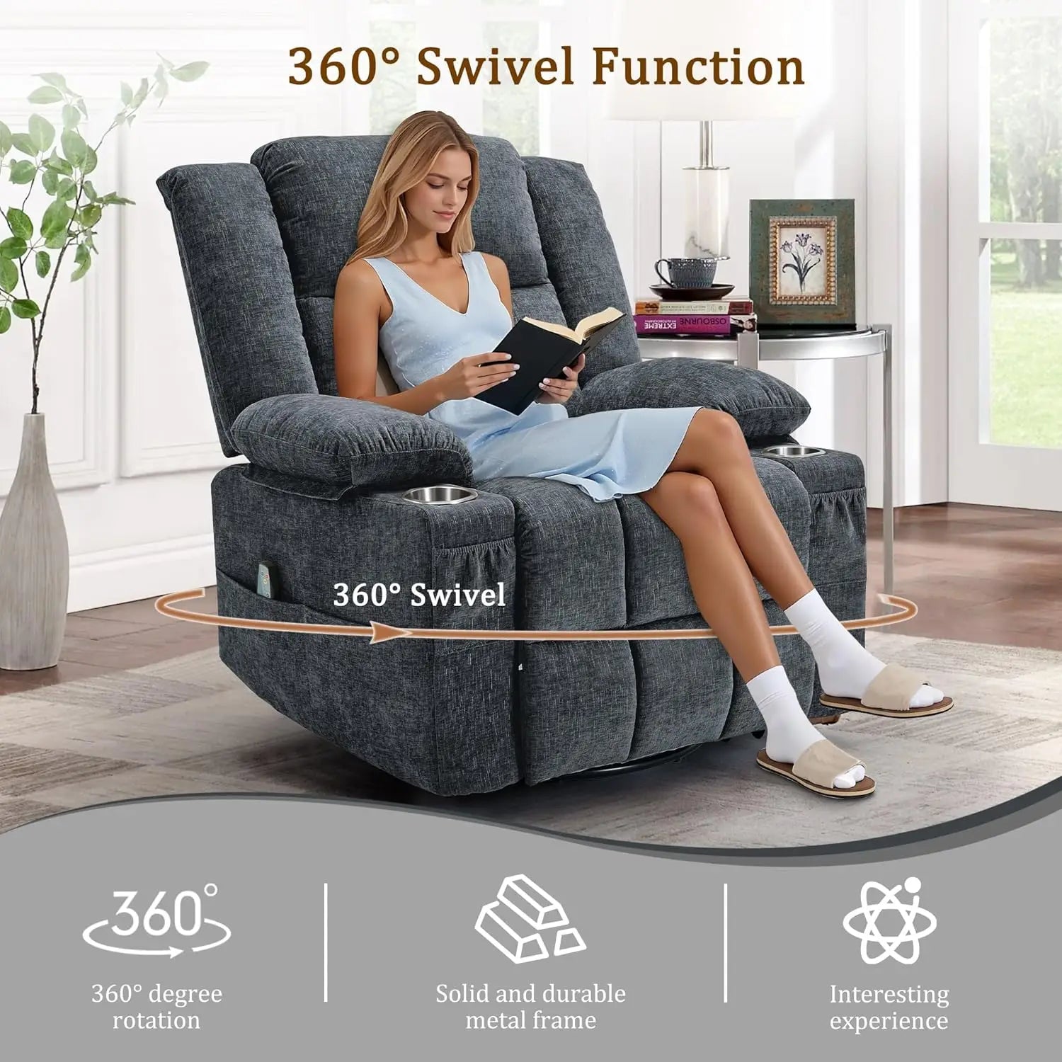 360° Swivel Rocker Recliner with Massage & Heating, Cup Holder, Fabric Dark Gray