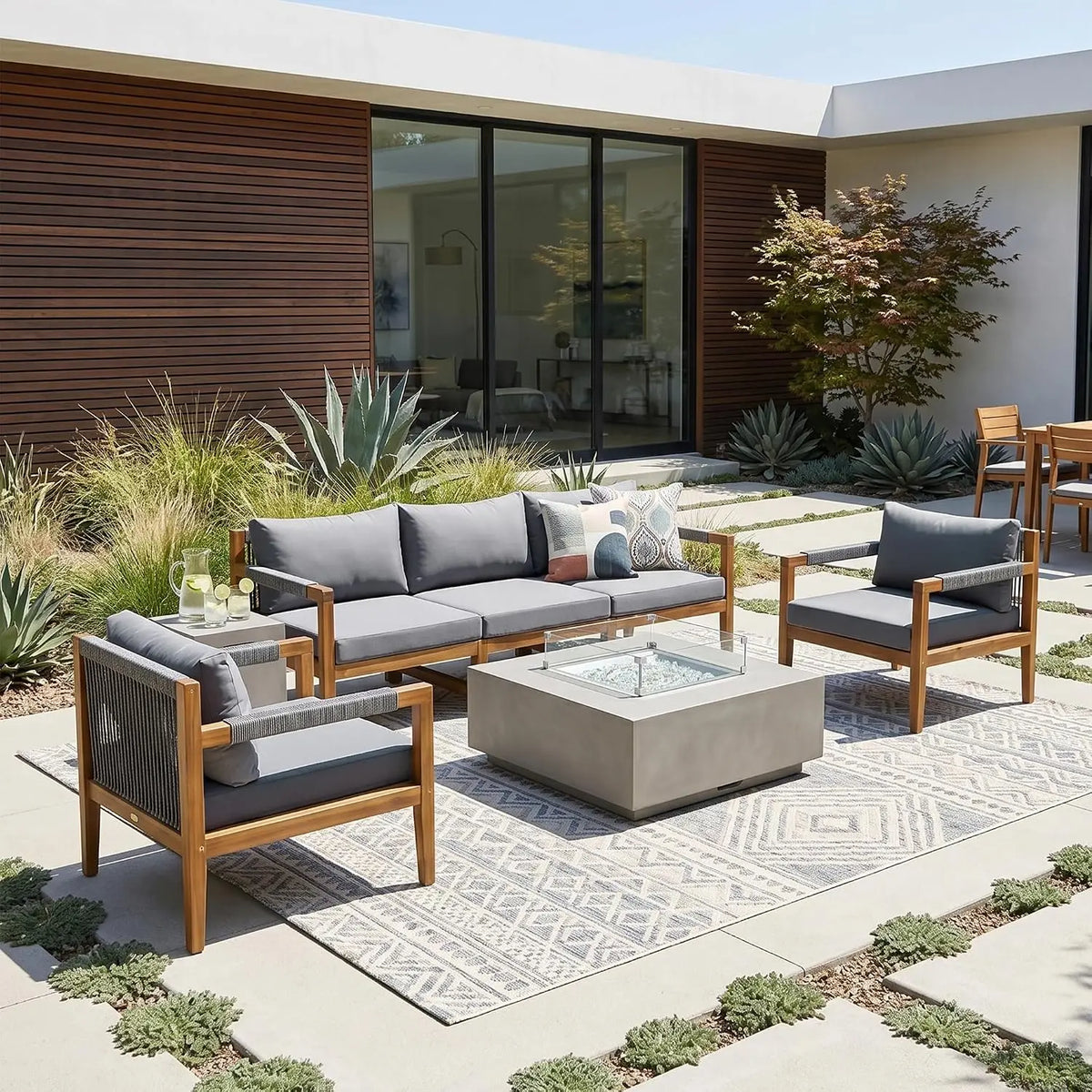 4-Piece Patio Set, All Weather Sectional w/ 2 Chairs, Loveseat & Table, Acacia Wood Outdoor Furniture with Cushions, Customized