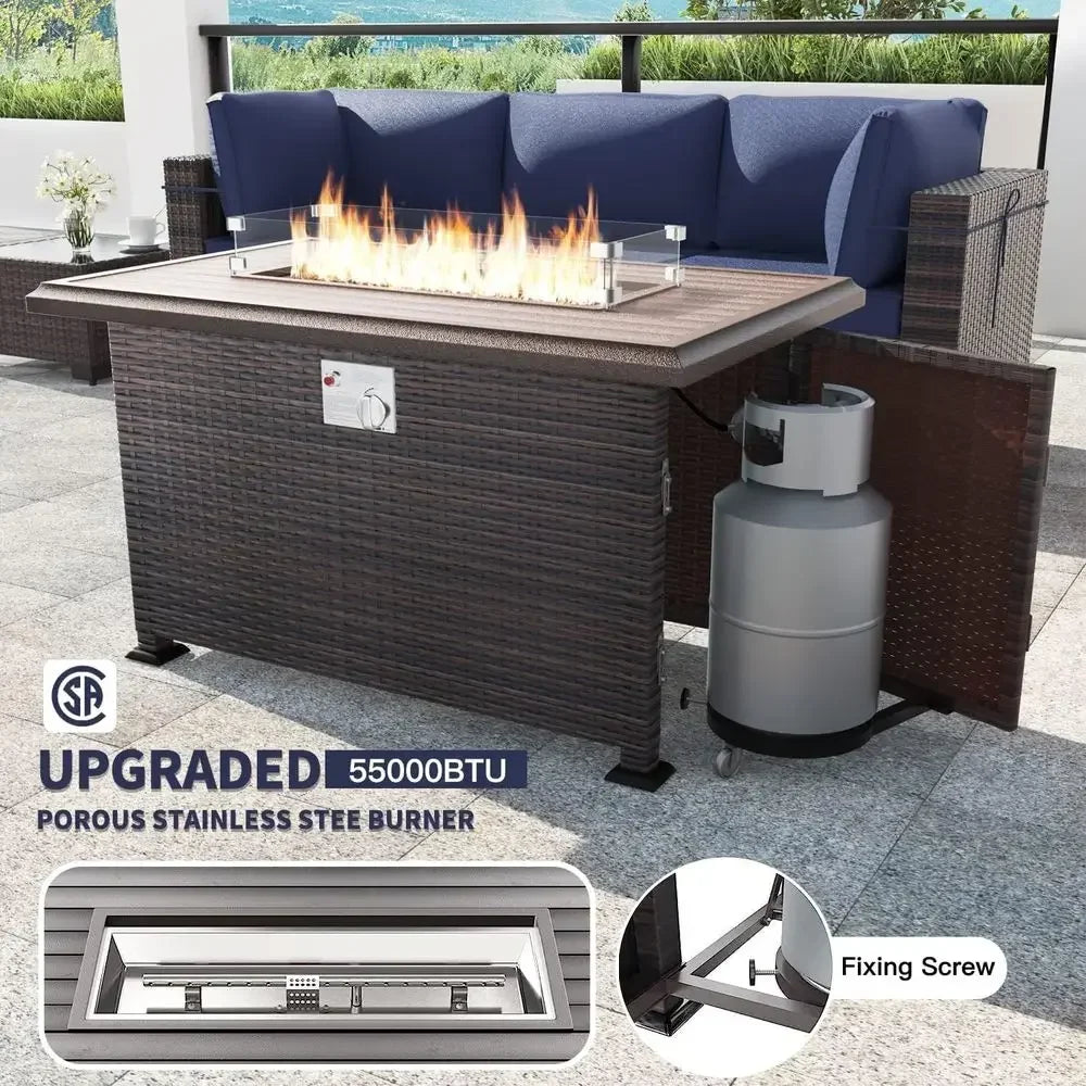 8 Pieces Outdoor Patio urniture Set with 43" 55000Gas Propane ire Pit Table PE Wicker Rattan Sectional Soa Patio Contion Sets,Na