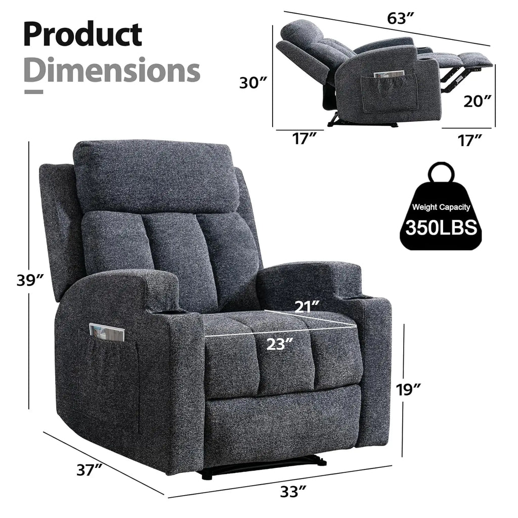 Manual Recliner Chair with Massage and Heat, Soft Fabric Recliner Chair with Overstuffed Arm and Back, Manual Reclining, Custom