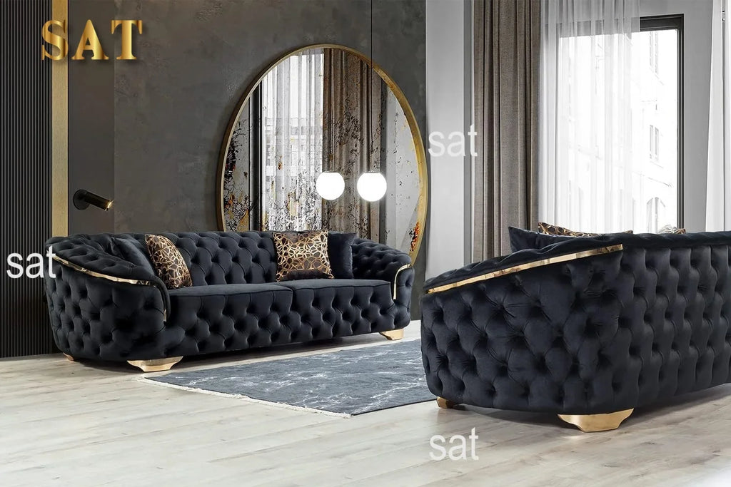 A Light Luxury Living Room Black Velvet 2 Seater Sofa With Gold Leg Upholstered Tufting Loveseat Lounge Sofas Couch Sets