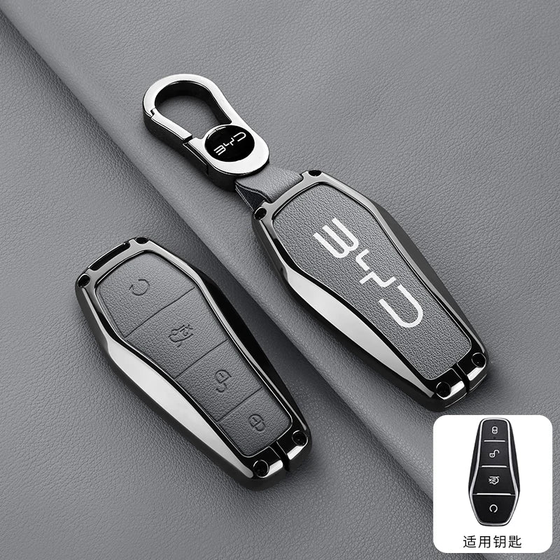 Alloy Leather Car Smart Remote Key Case Cover Emblem Accessories For BYD Song Pro Tang Dmi QIn PLUS MAX Yuan EV Dolphin Seagull