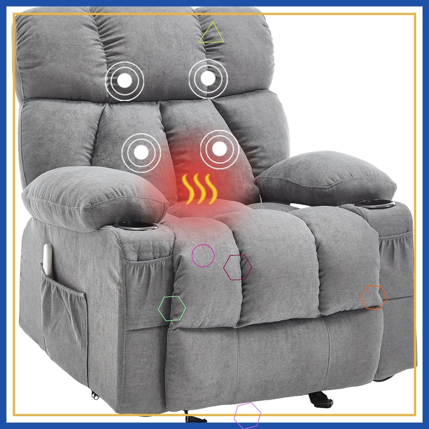 Massage Recliner Chair with Heat & Vibration, USB Port, Cup Holders - Grey Rocking Lounge Chair for Living Room