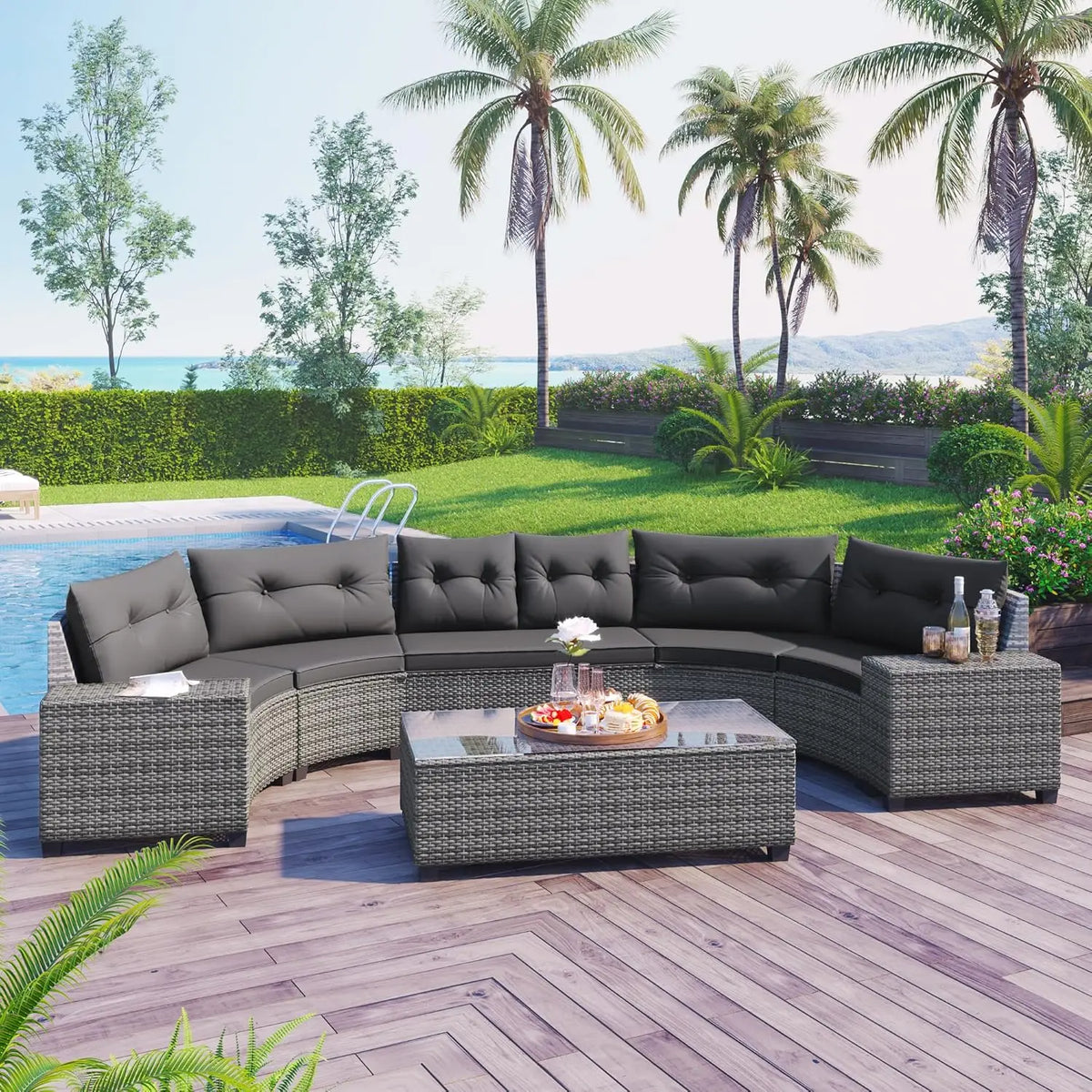 7 Piece Outdoor Patio Furniture Sofa Sets,All Weather Rattan Conversation Sofa Set with Striped Green Pillows/Tempered, Custom