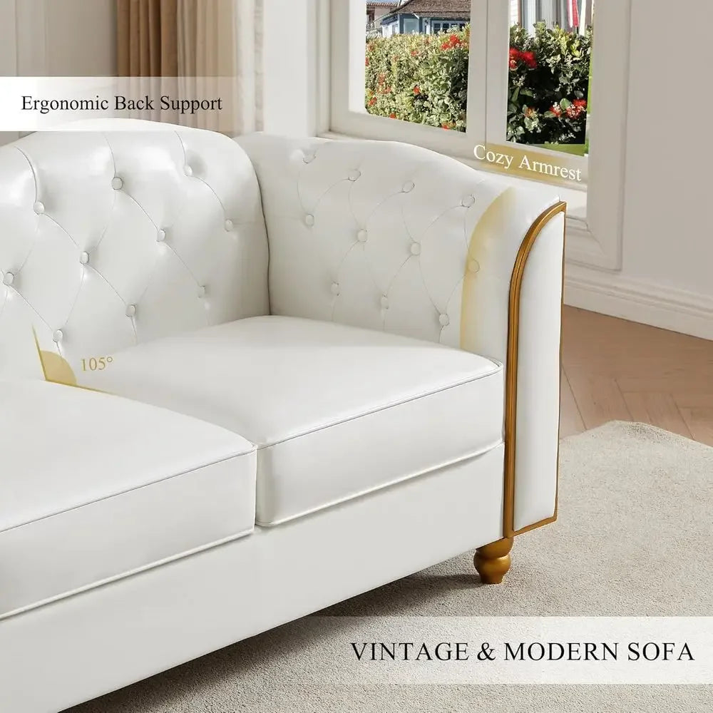 78" Leather Soa Couch, Sot 3 Seater Soa Couches or Living Room, Button Tuted Comy Couch ern Soa with Upholstered Cushion, Gold T