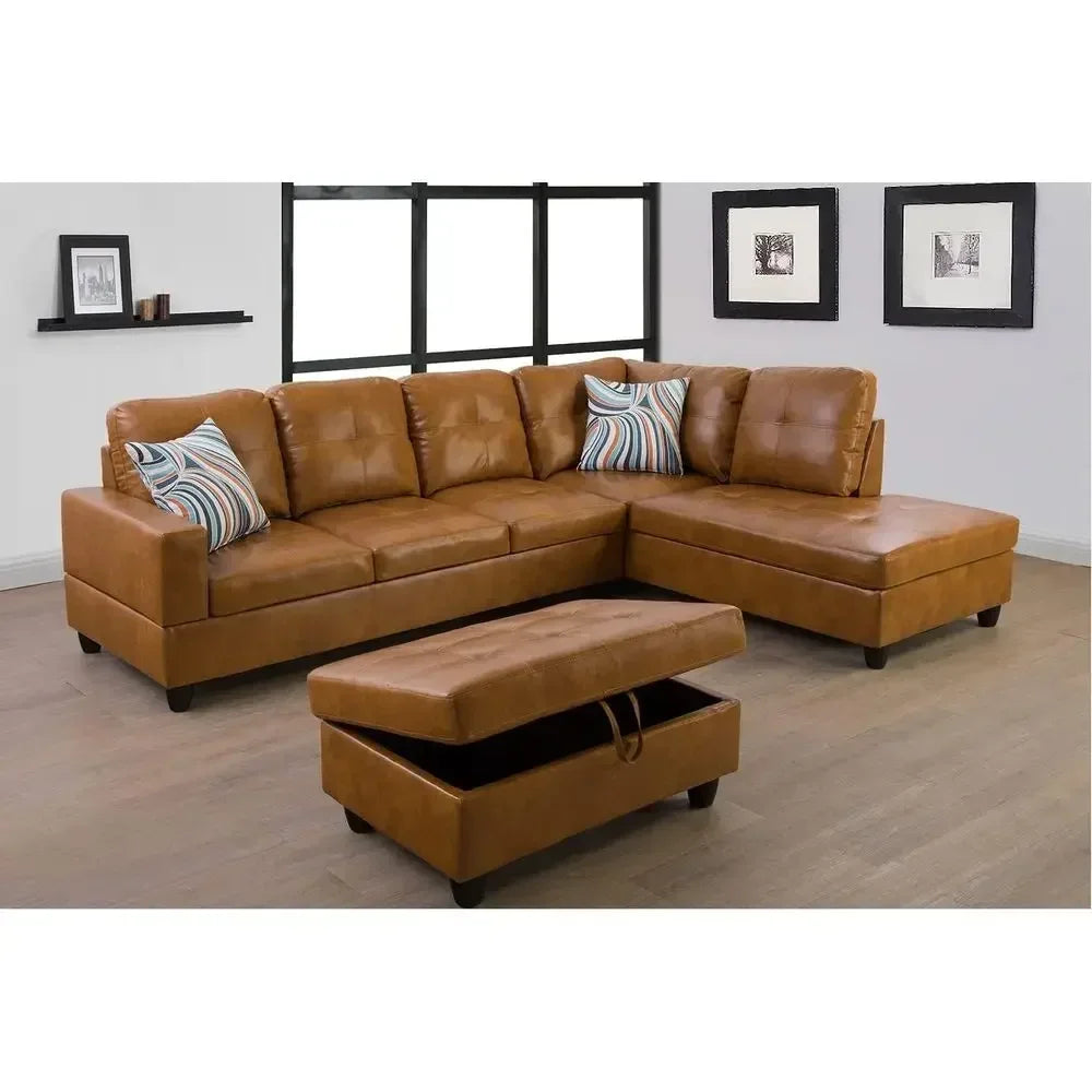 Leather Sectional Sofa with Storage Ottoman and Right Chaise in Ginger