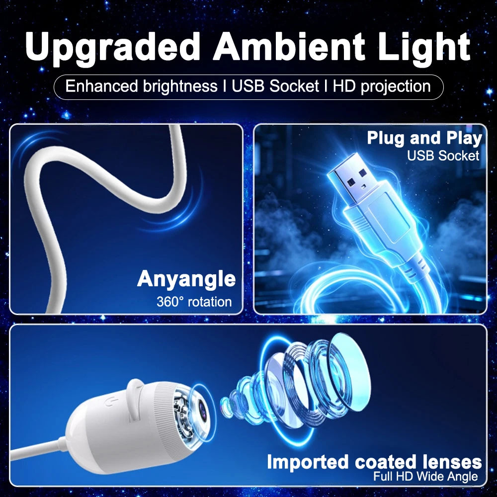 USB Starry Sky Projector Night Light 360° Bendable HD Galaxy Moon Planet Projection Lamp Plug Play Car Bedroom Projector Lamp