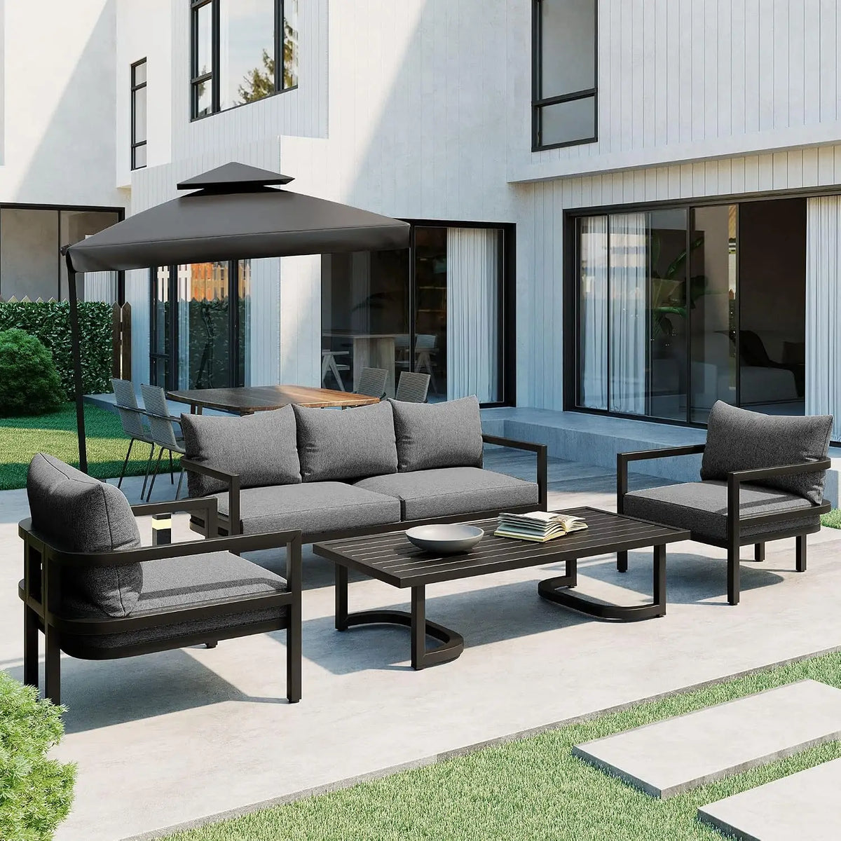 4-Piece Patio Set, All Weather Sectional w/ 2 Chairs, Loveseat & Table, Acacia Wood Outdoor Furniture with Cushions, Customized