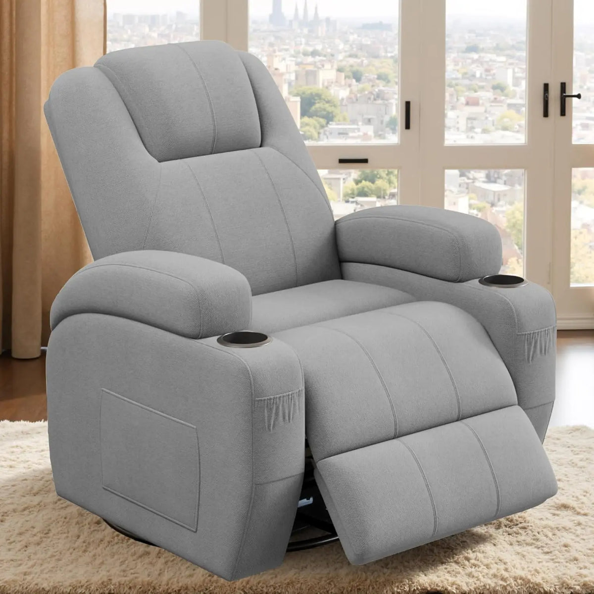 #Swivel Rocker Recliner Chair Vibration Massage 360° Ergonomic Lounge Cup Holders Leather Brown, Customized