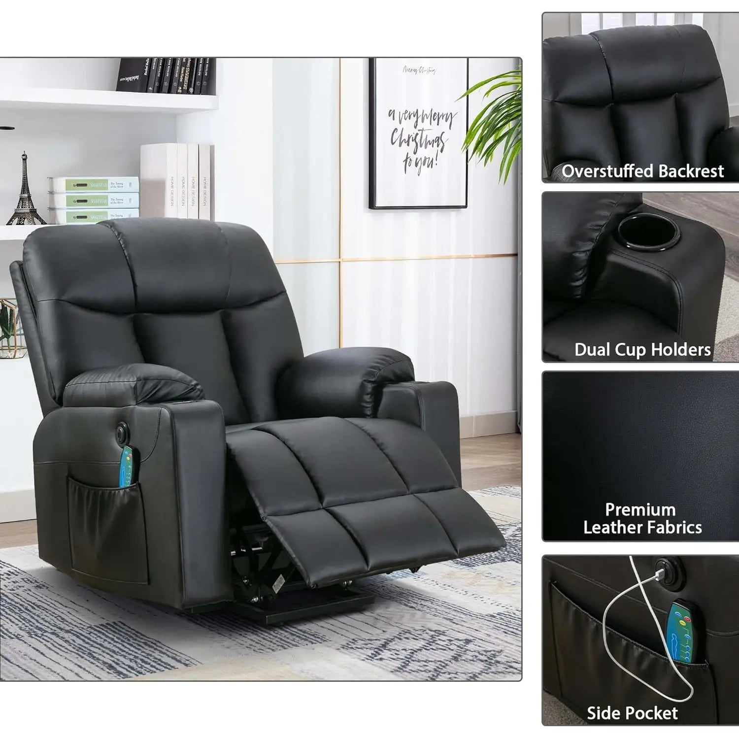 Electric Power Lift Recliner Chair with Massage Heat for Elderly, 3 Positions, USB, Cup Holders, Faux Leather