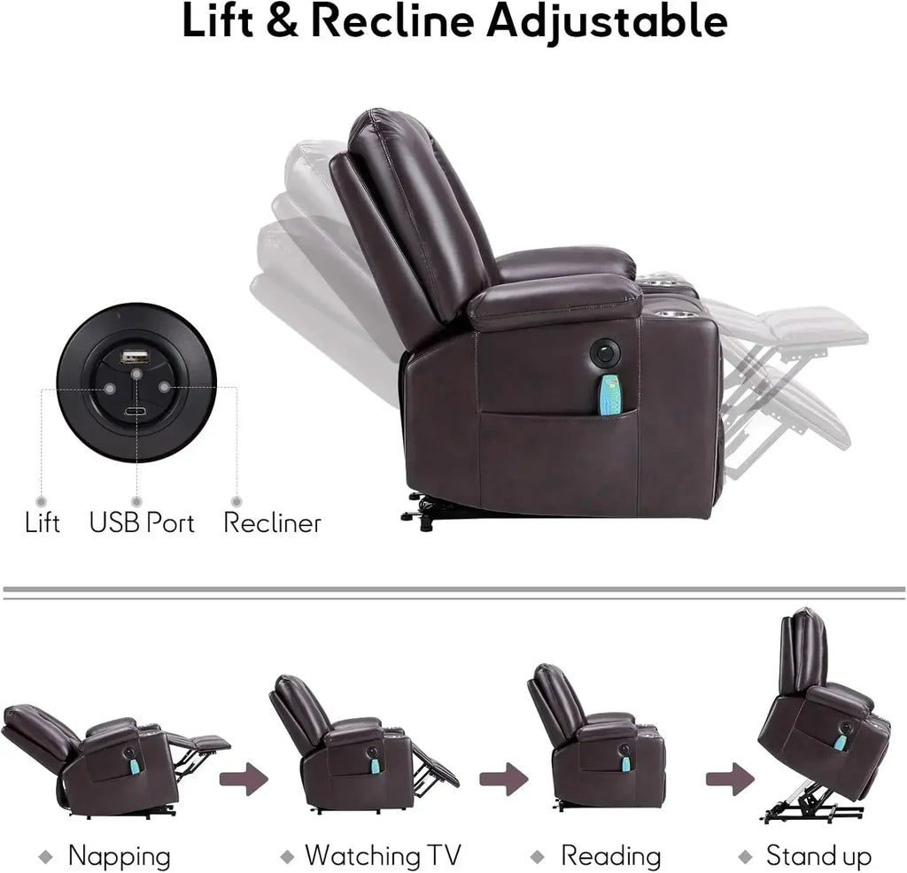 Power Lift Chair with Heat and Massage, Faux Leather Lift Recliner Chair for Adults Elderly, Upholstered Recliner with 2 Cup Hol