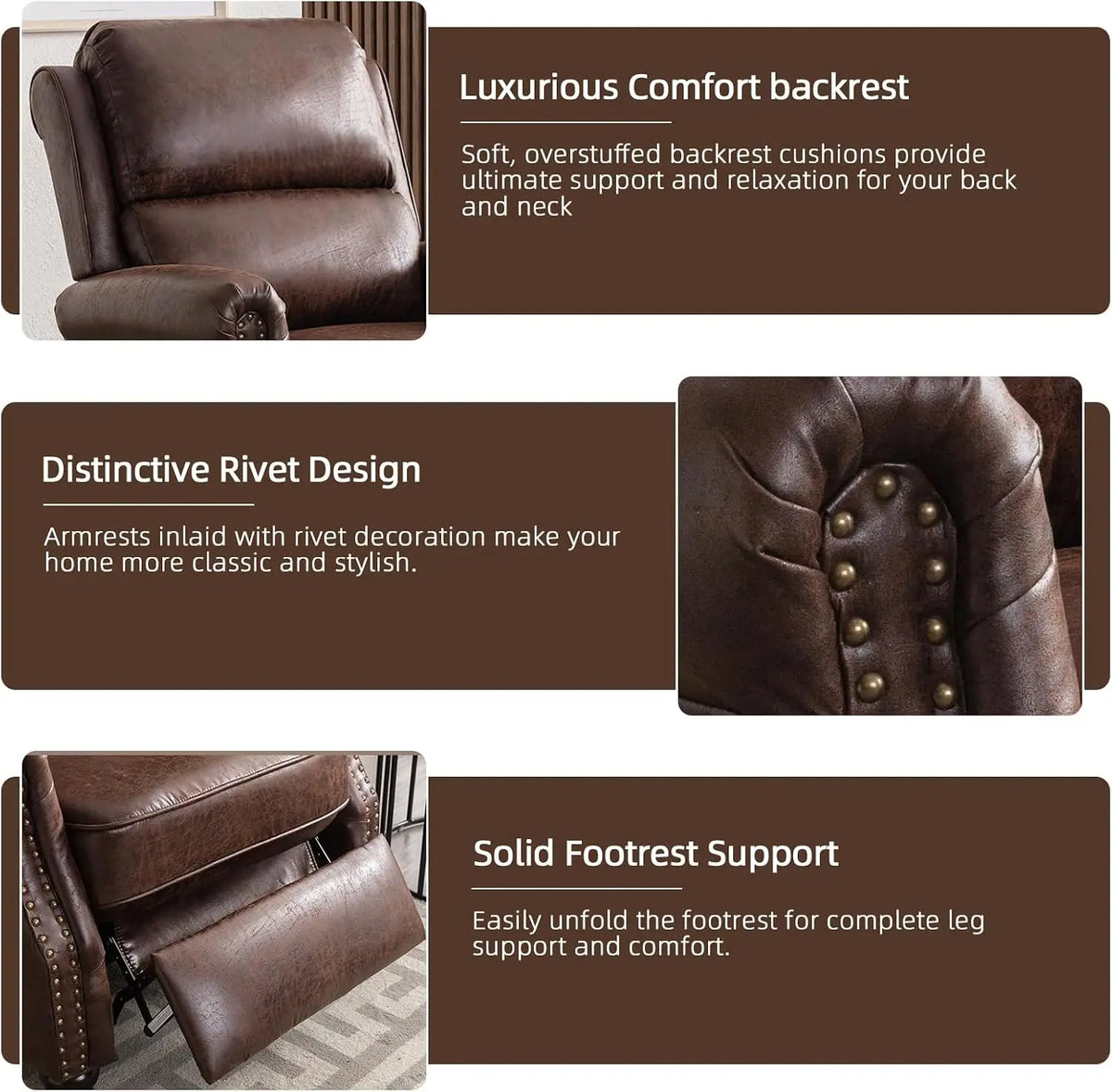 Push Back Recliner Chair Faux Leather Lounge Armchair with Rivet Decoration Wingback Single Sofa Chair with Padded Seat Solid