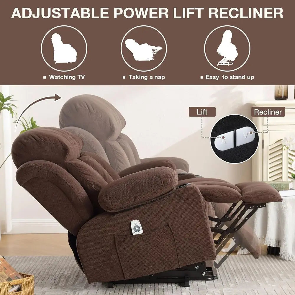 Power Lit Recliner Chair or Elderly with Vibration Massage and Lumbar Heating Electric Oversized Single Soa with Cup Holder and