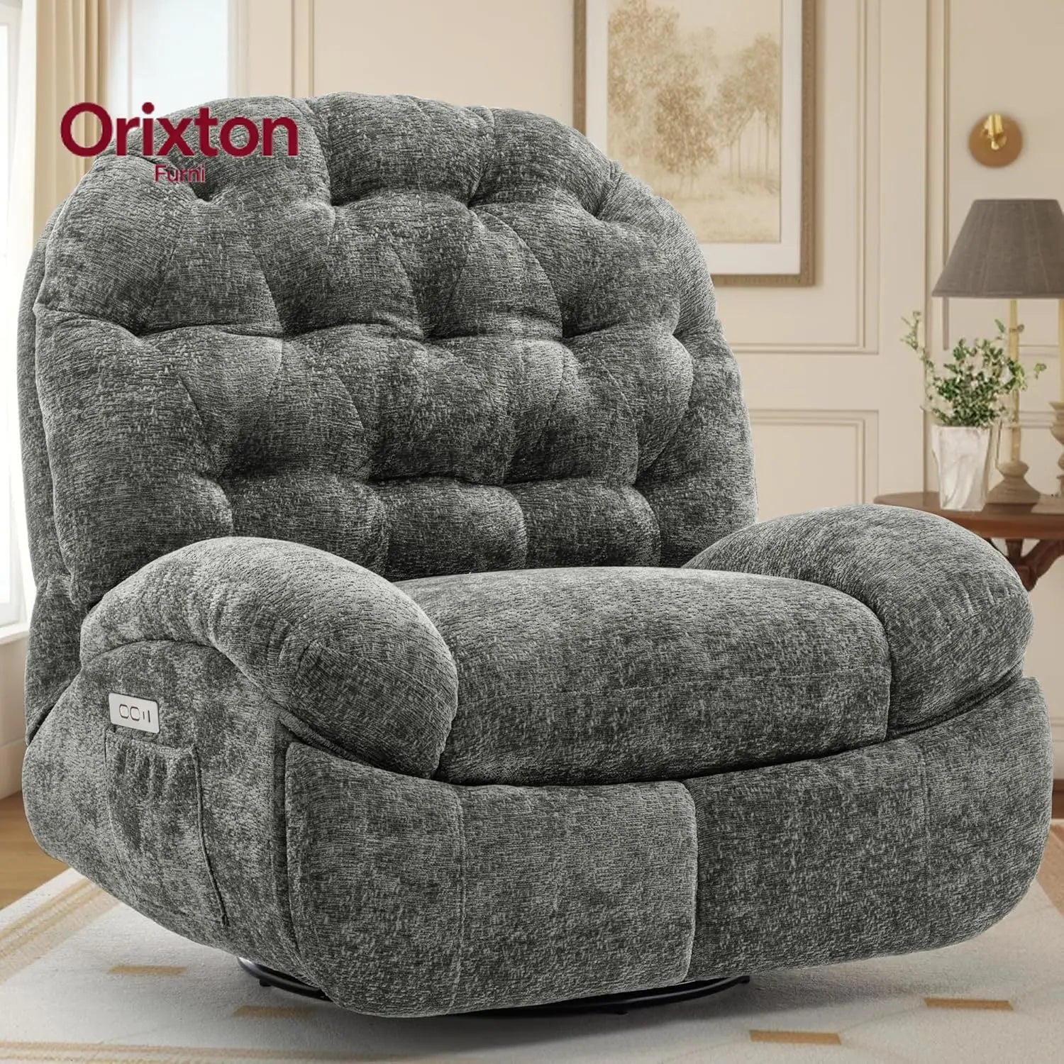 Oversized Swivel Recliner Chair, Comfortable Soft Shaped Recliner with  Ports and Storage for Living Room