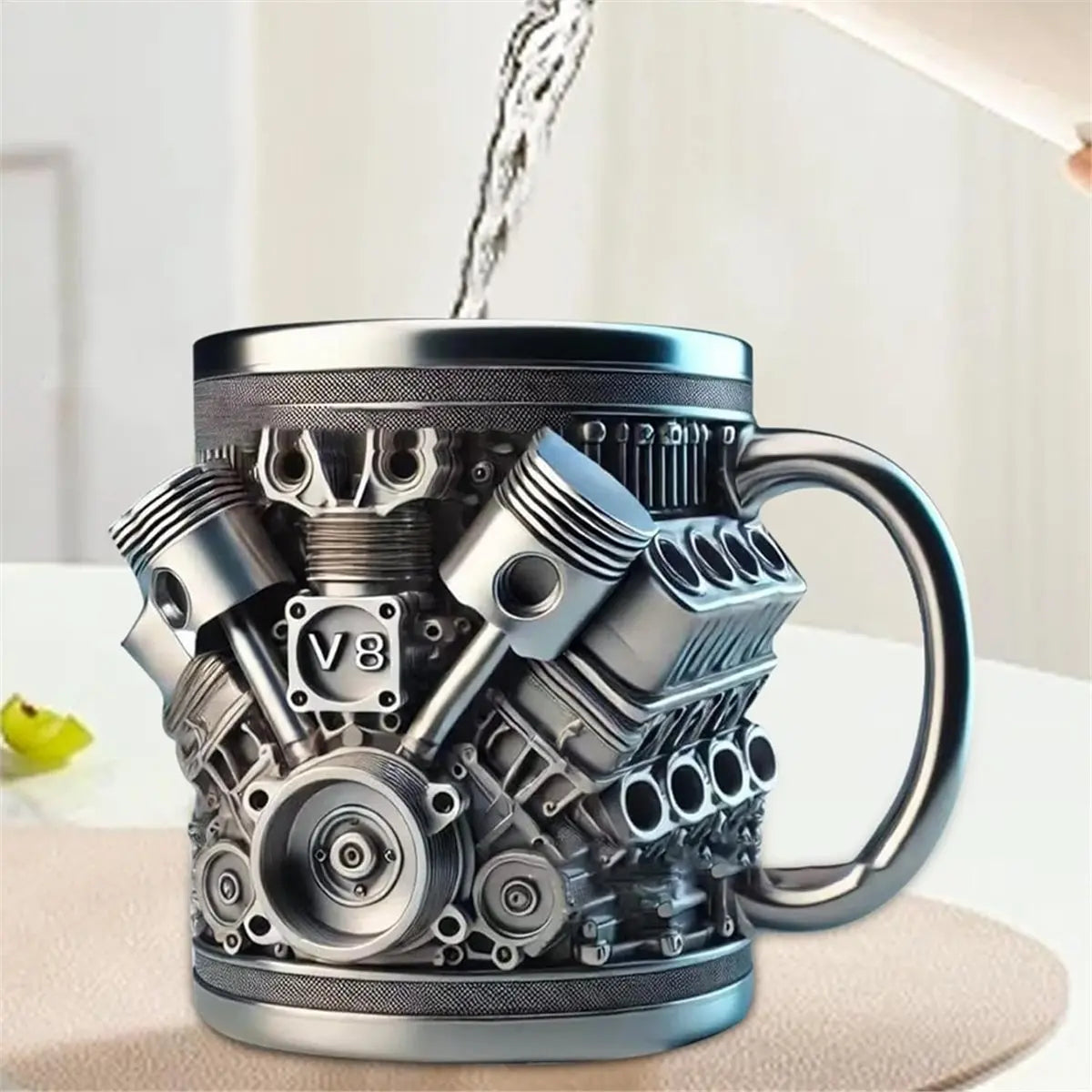 【STABLE QUALITY】V8 Engines Stainless Steel Coffee Mug, Car Engine Coffee Cup with Insulated Handle for Car Lovers Gift Racing Fa