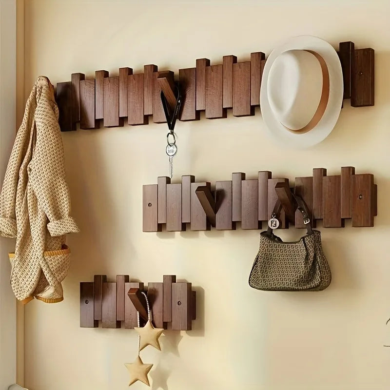 Solid Wood Piano Key Coat Rack – No-Drill Wall Hook, Foldable, Entryway Organizer & Key Holder