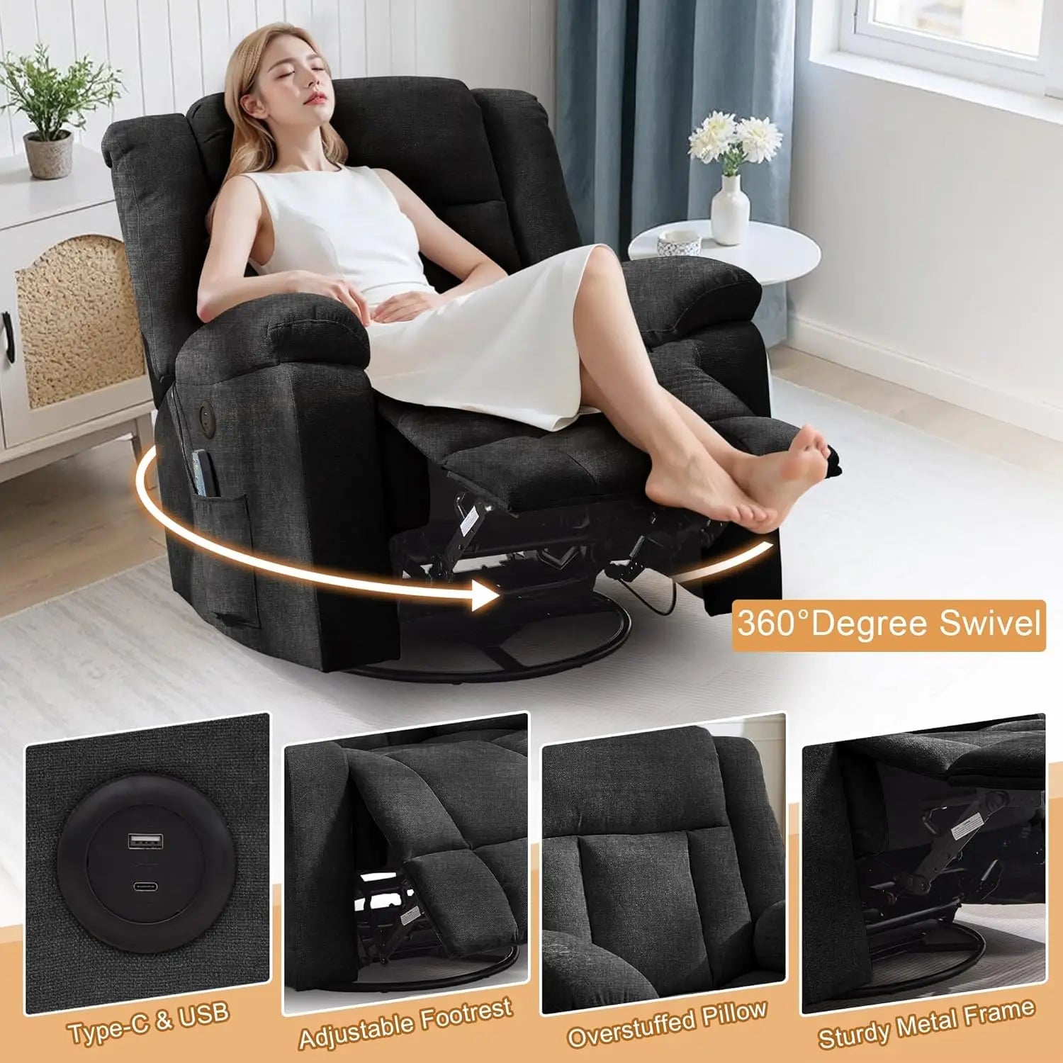 Recliner Chair,Rocking Chair with Massage and Heat,360° Swivel Recliner Chairs for Adults,for Bedroom,Nursery,Living Room Chairs
